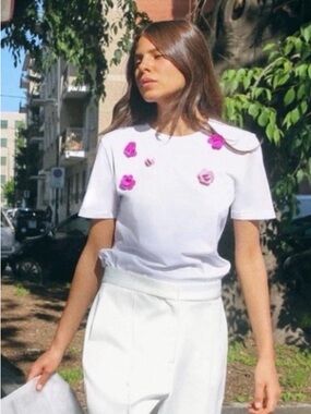 Zara White T-shirt With Hot Pink Beaded Flowers | XL | Cotton | NWT | Rare